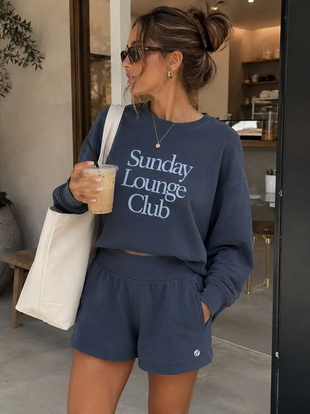 NWT LAYERS Sunday Lounge Club Matching Set Blue Lounge Shorts Sweatshirt L
